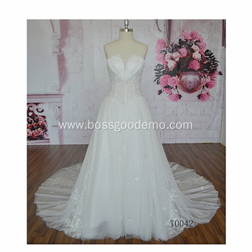 Luxury sleeveless off shoulder heavy beaded lace ball gown wedding dress